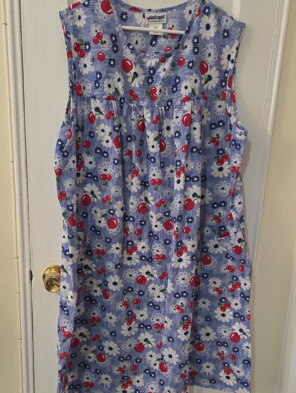 National Threads Blue Cherry & Daisy Sleeveless House Dress 2X